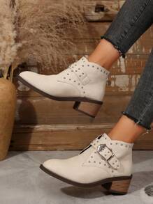 Women's Rivet Buckle Decor Ankle Boots, Thick Low Heel Short Boots In Rockstyle, Pull-On Ankle Boots
