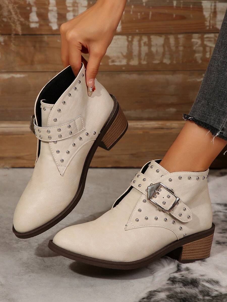 Women's Rivet Buckle Decor Ankle Boots, Thick Low Heel Short Boots In Rockstyle, Pull-On Ankle Boots
