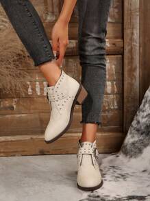 Women's Rivet Buckle Decor Ankle Boots, Thick Low Heel Short Boots In Rockstyle, Pull-On Ankle Boots
