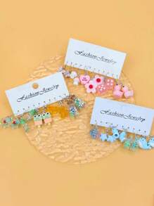 10pcs/30pcs Cross-Border New Dopamine Cute Resin Small Fish, Strawberry, Pineapple, Heart, Ice Cream Dangle Earrings Set - Style6 - View 2