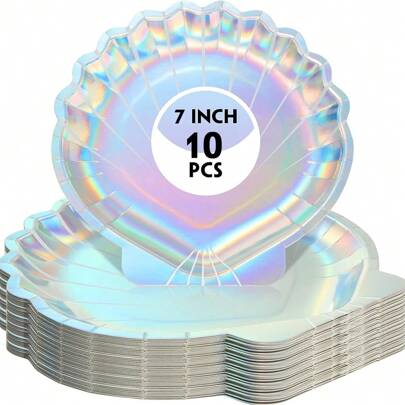 10/20Pcs 7Inch/9Inch Holographic Mermaid Seashell Paper Plates Disposable Iridescent Plates Mermaid Themed Party Supplies For Summer Birthday Shower Wedding Party