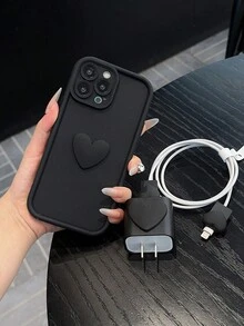 1 pieza Carcasa de teléfono con diseño de corazón sólido en negro + 1 pieza Protector de carcasa de carga con forma de corazón, compatible con iPhone 11 12 13 Pro Max, anti-caída iPhone 14 Plus 15 Pro Max, iPhone 7G 7P 8P XS XR - Negro - Ver 1
