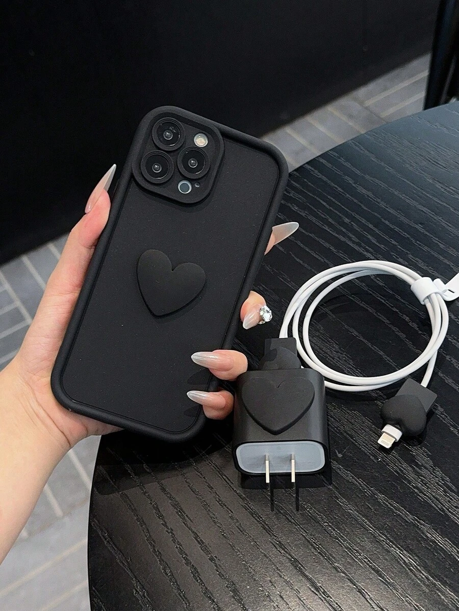 1 pieza Carcasa de teléfono con diseño de corazón sólido en negro + 1 pieza Protector de carcasa de carga con forma de corazón, compatible con iPhone 11 12 13 Pro Max, anti-caída iPhone 14 Plus 15 Pro Max, iPhone 7G 7P 8P XS XR - Negro - Ver 1