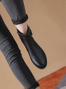 2025 秋冬女士切尔西靴，粗跟，保暖内衬，圆头，弹性，英伦风格，百搭皮靴