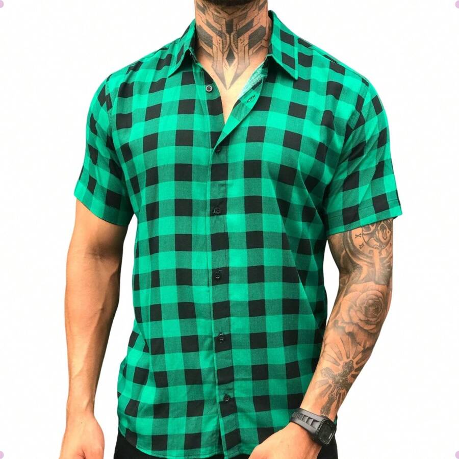 Men's Plaid Shirt Short Sleeve Slim Flannel Buttons Top - màu xanh lá - Xem 1