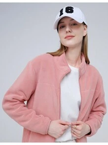 Cardigan in pile da donna per primavera e autunno, vestibilità slim, giacca in velluto adatta per sport all'aperto e trekking - Rosso - Visualizzare 2