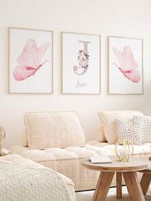 Set de 3 impresiones personalizadas en lienzo sin marco de mariposas rosas, arte moderno de estampa animal para colgar en la pared, obra de arte floral con nombre personalizado para el dormitorio de niñas, decoración para habitación infantil, póster retrato interior sin marco como regalo de cumpleaños o graduación