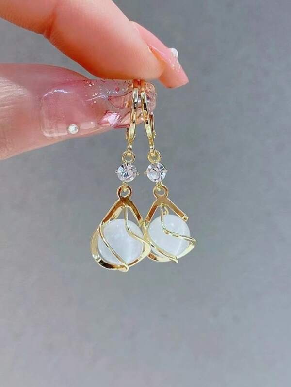 1 Pair Of Classic European And American Fashion Drop Earrings, Cat Eye Stone Earrings, Sweet Design Waterdrop Pendant Long Earrings