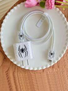 5pcs/Set Halloween Pink/Black Spider 1.5m Laser Wrap Data Cable, Charger Head Protector, Anti-Breakage Cable TPU Wrap Organizer, Compatible With IPhone 12/13/14, Compatible With 20W Fast Charging Cable Cable Protector, Charger Protector