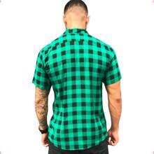 Men's Plaid Shirt Short Sleeve Slim Flannel Buttons Top - màu xanh lá - Xem 2