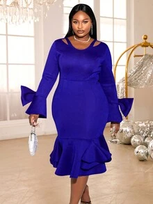 大碼鏤空荷葉袖荷葉邊連衣裙 - 藍色 - 查看 1