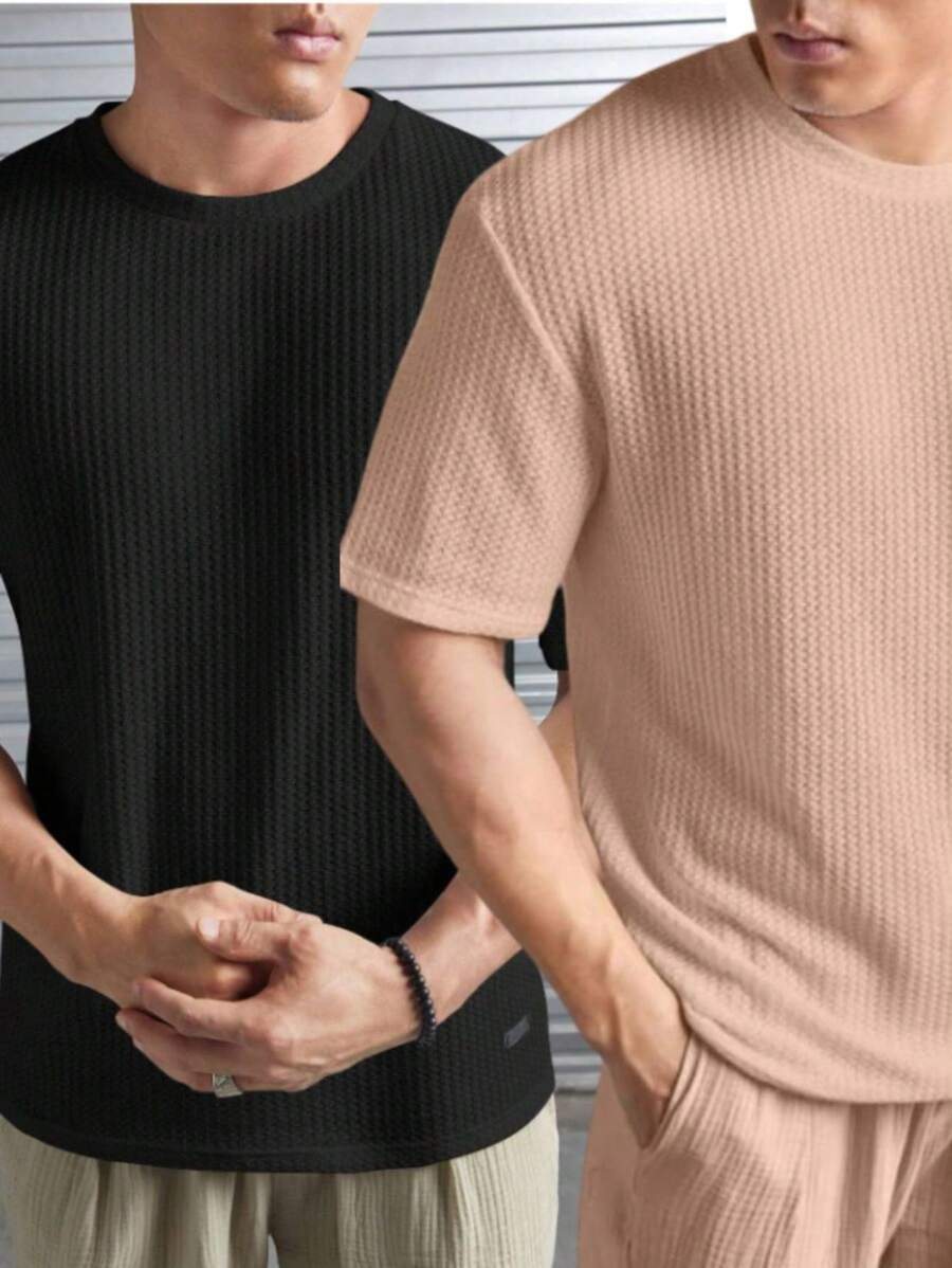 Kit 2 Oversized Casual Basic Plain Straight T-Shirt Black/Multicolor - 駝色 - 查看 1