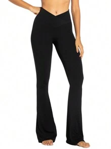 32" Inseam Womens Flare Leggings With Tummy Control Crossover Waist And Wide Leg - 黑色 - 查看 5