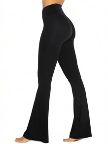 32" Inseam Womens Flare Leggings With Tummy Control Crossover Waist And Wide Leg - 黑色 - 查看 1