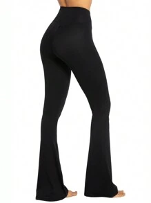 32" Inseam Womens Flare Leggings With Tummy Control Crossover Waist And Wide Leg - 黑色 - 查看 6