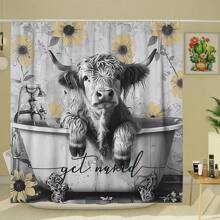 Juego de cortina de ducha con diseño de vaca de las tierras altas y flores en estilo granja, divertido, de 1/4 piezas, con cortina de ducha y alfombras de poliéster resistente al agua y lavable a máquina para decoración de baño o ducha, con 12 ganchos, alfombra antideslizante en forma de U para tapa de inodoro y accesorios de decoración de baño de otoño para volver al colegio - Gris - Ver 3