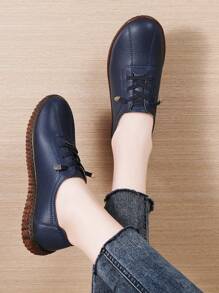 Women's Navy Blue Comfortable Casual Shoes, Elastic Band Round Toe Fashion Retro Slip-On Flat Sneakers With Non-Slip Soft Bottom