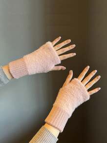 1pair Knitted Half Finger Gloves With Warm Lining For Women, Autumn-Winter, Solid Color Touchscreen Gloves - Multicolor - View 2