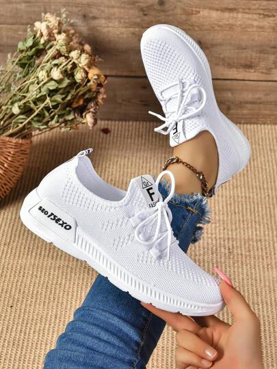新款春秋季圆头系带透气网眼休闲户外跑步鞋女款平底厚底轻便舒适步行运动鞋