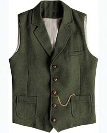 1PCS Men's Vest Herringbone Wool Tweed Suit Vest Lapel V-Neck Single Breasted Waistcoat, Tweed Herringbone Waistcoat, Beautifully Lined, Army Green - 軍綠色 - 查看 1