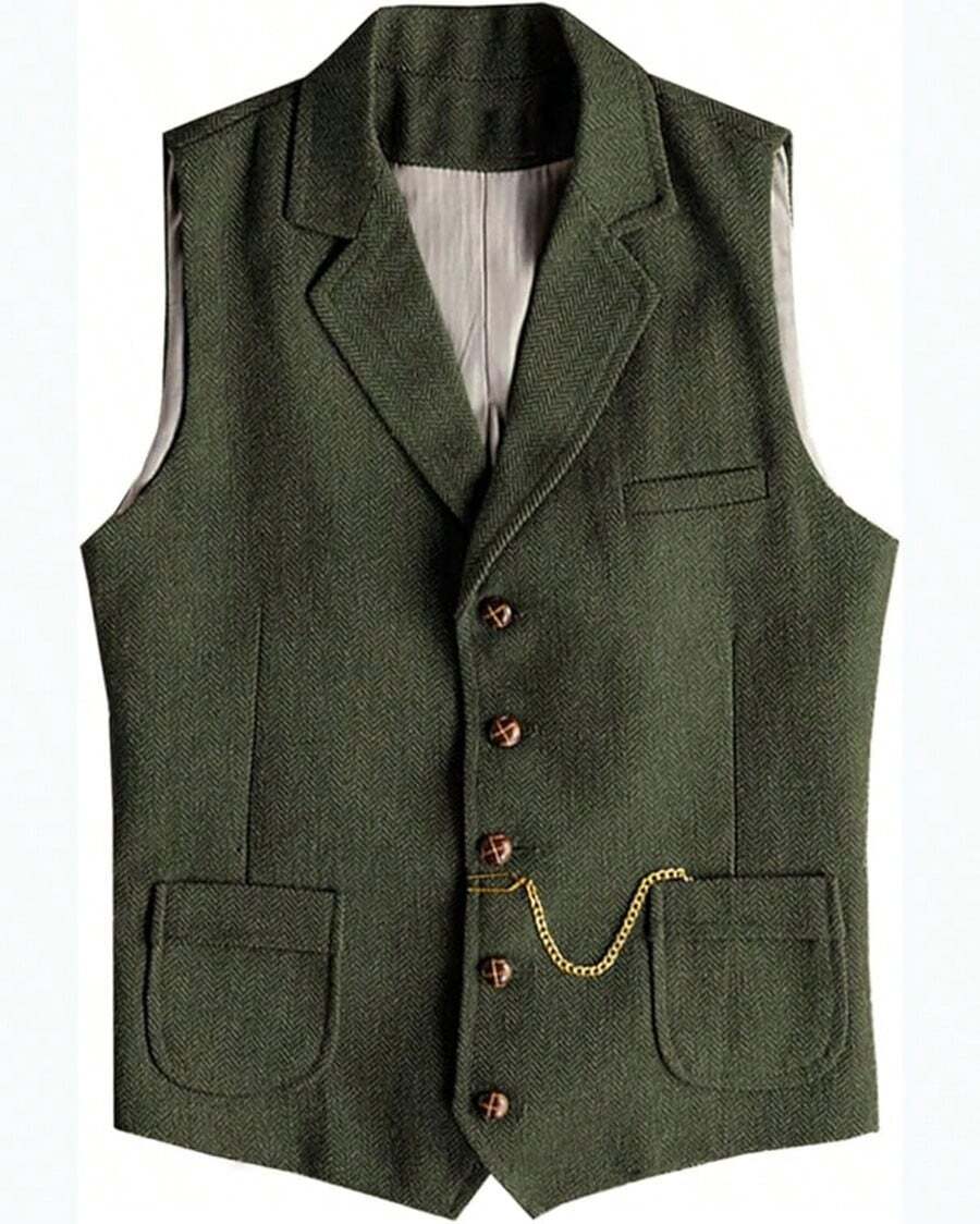 1PCS Men's Vest Herringbone Wool Tweed Suit Vest Lapel V-Neck Single Breasted Waistcoat, Tweed Herringbone Waistcoat, Beautifully Lined, Army Green - 軍綠色 - 查看 1