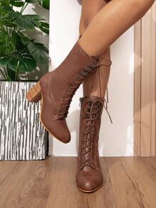 Women's Short Ankle Boots, Round Toe, Chunky Heel, Apricot Color, High Heel  Boots, Wedding & Party Boots, British Style, Comfortable & Warm, Lace-Up, Short Shaft