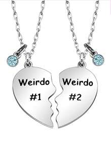 Friendship Gift, Weirdo 1 Weirdo 2 Split Heart Pendant Necklaces BFF Gift For Best Friend - Silver - View 1