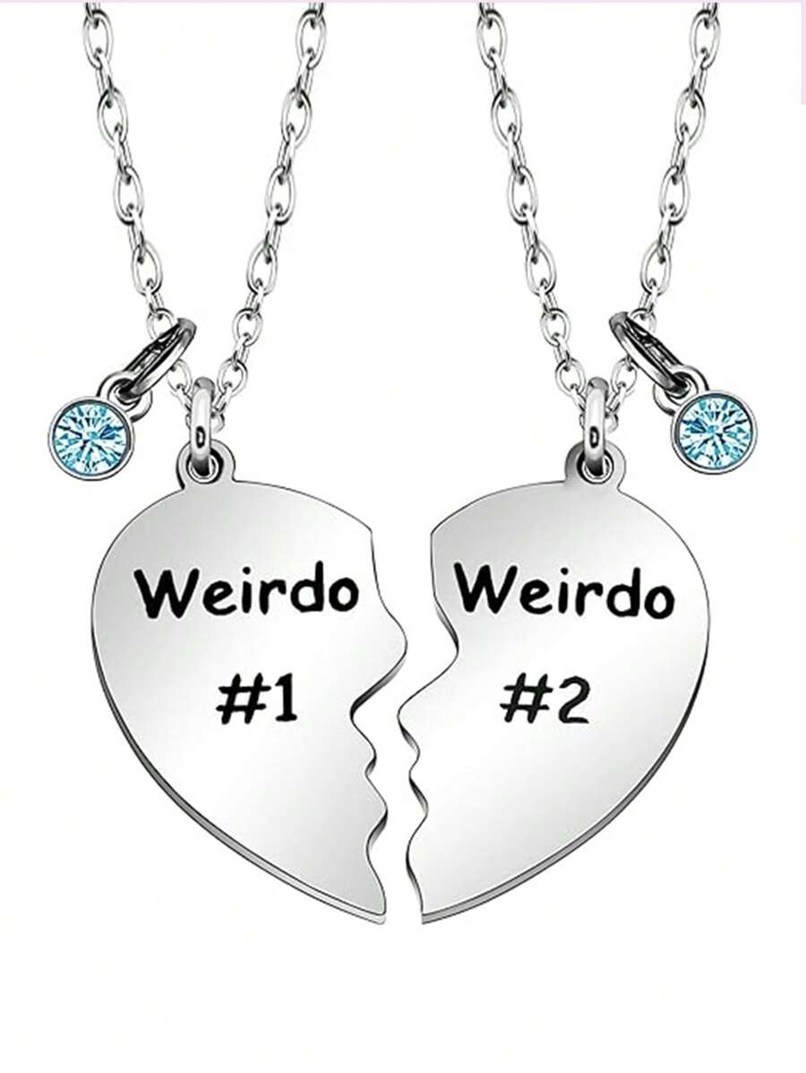 Friendship Gift, Weirdo 1 Weirdo 2 Split Heart Pendant Necklaces BFF Gift For Best Friend - Silver - View 1