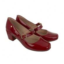 Women's Patent Leather Doll Dress Shoes, Medium Low Block Heel, Pointed Toe, Comfortable, Colorful, Various Colors, Black, Black, Nude, Pink, Rose, Pinkish, Red, White - Ref. 6484 - 紅色 - 查看 3