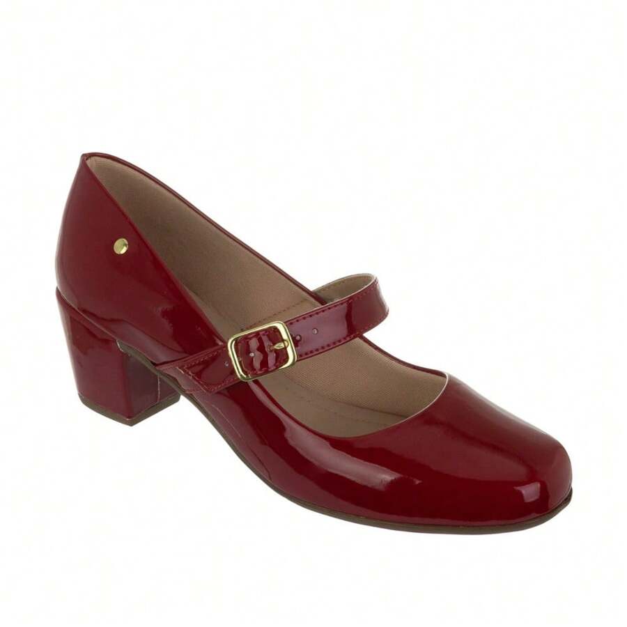 Women's Patent Leather Doll Dress Shoes, Medium Low Block Heel, Pointed Toe, Comfortable, Colorful, Various Colors, Black, Black, Nude, Pink, Rose, Pinkish, Red, White - Ref. 6484 - 紅色 - 查看 1