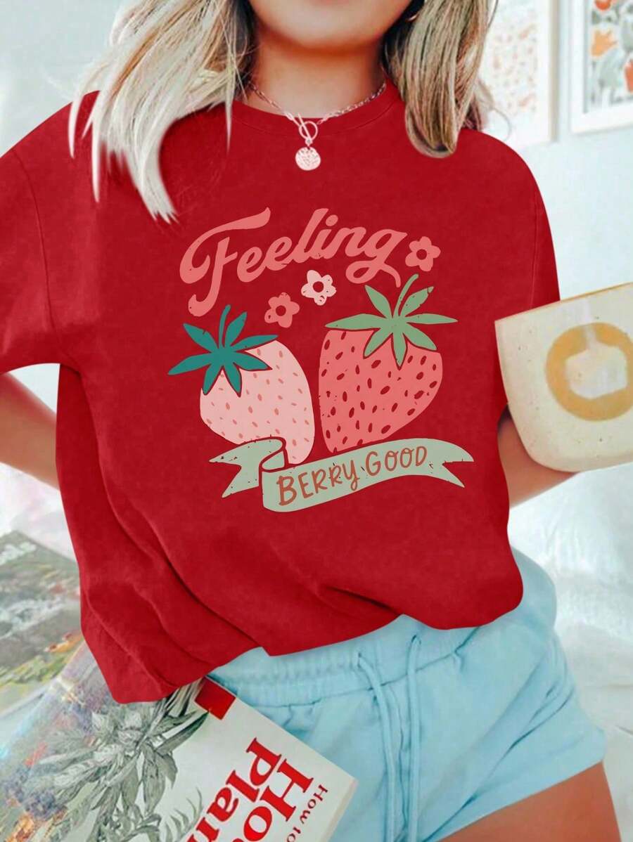 Women's Printed T-Shirt Feeling Strawberry - Đỏ - Xem 1