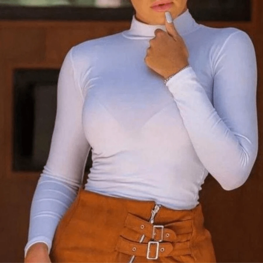 Long Sleeve Knit Blouse With High Collar** - 白色 - 查看 1