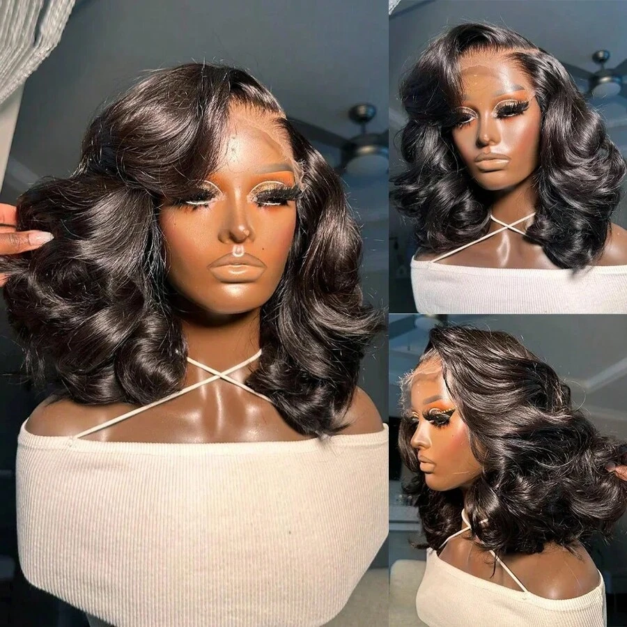 Body Wave 13x6 HD Lace Front Wigs Human Hair 200% Density Bob Wigs Human Hair Pre Plucked Short Bob Wigs For Women Frontal Wig Human Hair Natural Black Loose Wavy 14 Inch Bob Wig - Natural Black Color - View 1