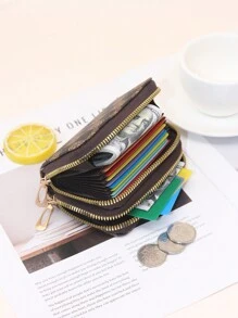 时尚印花双拉链大容量卡槽女士钱包/零钱包圣诞礼物感恩节复古女士礼物 - 棕色 - 查看 9