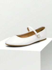 Women's Ballet Mary Jane Flats Buckle Strap Round Toe Leather Slip-On Comfortable Versatile Shoes - 白色 - 查看 2