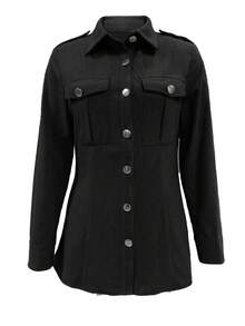Women's Solid Color Corduroy Flap Pocket Shirt,Long Sleeve Tops - Black - View 4