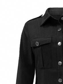 Women's Solid Color Corduroy Flap Pocket Shirt,Long Sleeve Tops - Black - View 5