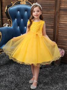 女小童珍珠串珠前蝴蝶結網紗邊派對禮服 - 黃色 - 查看 2
