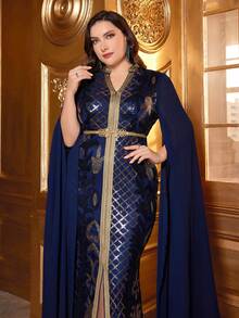 Plus Size Plunging Neckline Exaggerated Extra Long Slit Sleeve Sequin Dress - Royal Blue - View 2