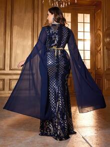 Plus Size Plunging Neckline Exaggerated Extra Long Slit Sleeve Sequin Dress - Royal Blue - View 7