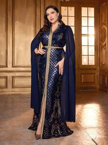 Plus Size Plunging Neckline Exaggerated Extra Long Slit Sleeve Sequin Dress - Royal Blue - View 5
