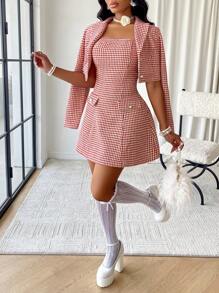 Bộ 2 váy ống chữ A kẻ caro kèm áo khoác lửng thời trang thu đông cho nữ, hai món dùng để hẹn hò - Đỏ - Xem 1