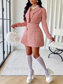 Bộ 2 váy ống chữ A kẻ caro kèm áo khoác lửng thời trang thu đông cho nữ, hai món dùng để hẹn hò - Đỏ - Xem 7