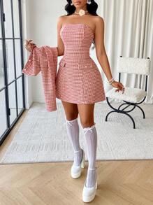 Bộ 2 váy ống chữ A kẻ caro kèm áo khoác lửng thời trang thu đông cho nữ, hai món dùng để hẹn hò - Đỏ - Xem 4