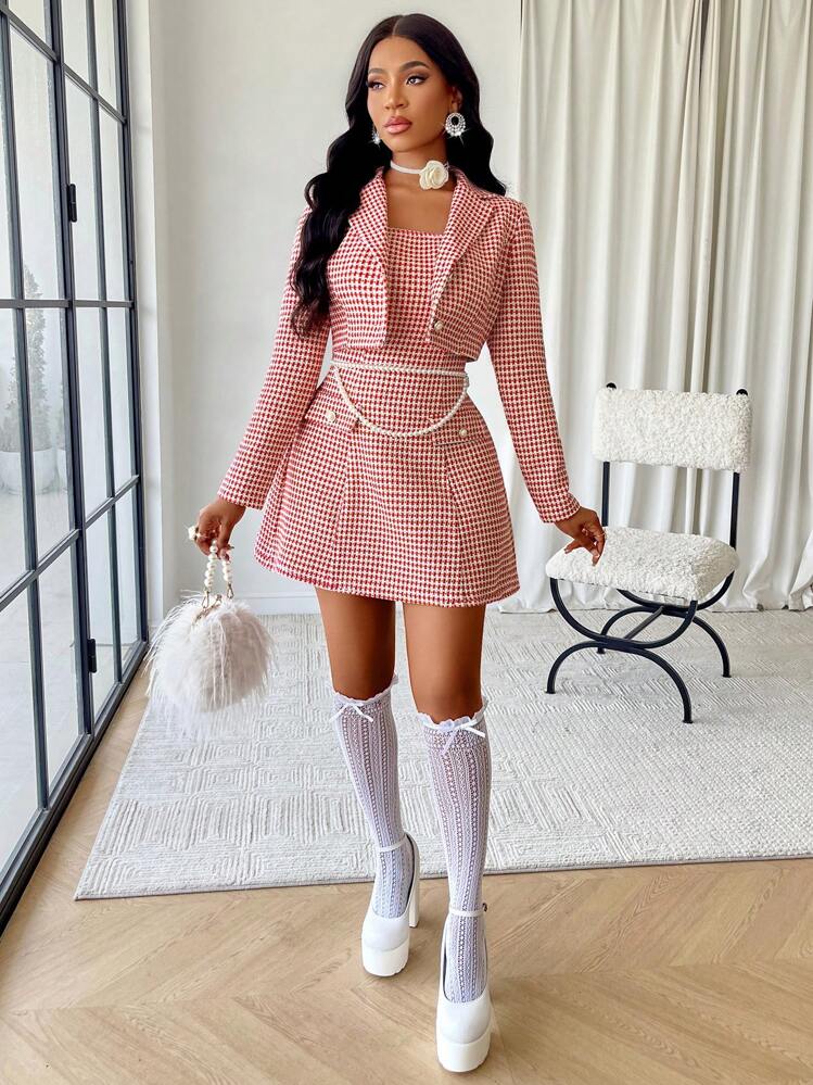 AIJ Amarilo Women's Plaid Tweed A-Line Dress And Short Jacket Set