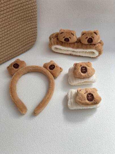 2-4pcs New Cartoon Capybara Hair Accessories Hair Bands Women Plush Animal Headband Face Wash Wristband Set, Hair Accessories, School Stuff, Gifts