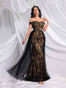 QOQ Modisches, elegantes einfarbiges, vollständig bedrucktes Spitze-Mesh-Damenabendkleid für Abendpartys, Bankette, Cocktailpartys - Schwarz - Übersicht 4
