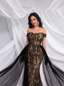QOQ Modisches, elegantes einfarbiges, vollständig bedrucktes Spitze-Mesh-Damenabendkleid für Abendpartys, Bankette, Cocktailpartys - Schwarz - Übersicht 3