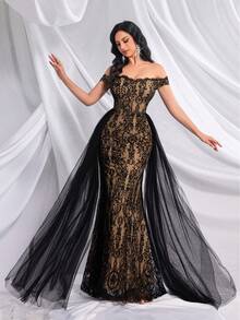 QOQ Modisches, elegantes einfarbiges, vollständig bedrucktes Spitze-Mesh-Damenabendkleid für Abendpartys, Bankette, Cocktailpartys - Schwarz - Übersicht 7