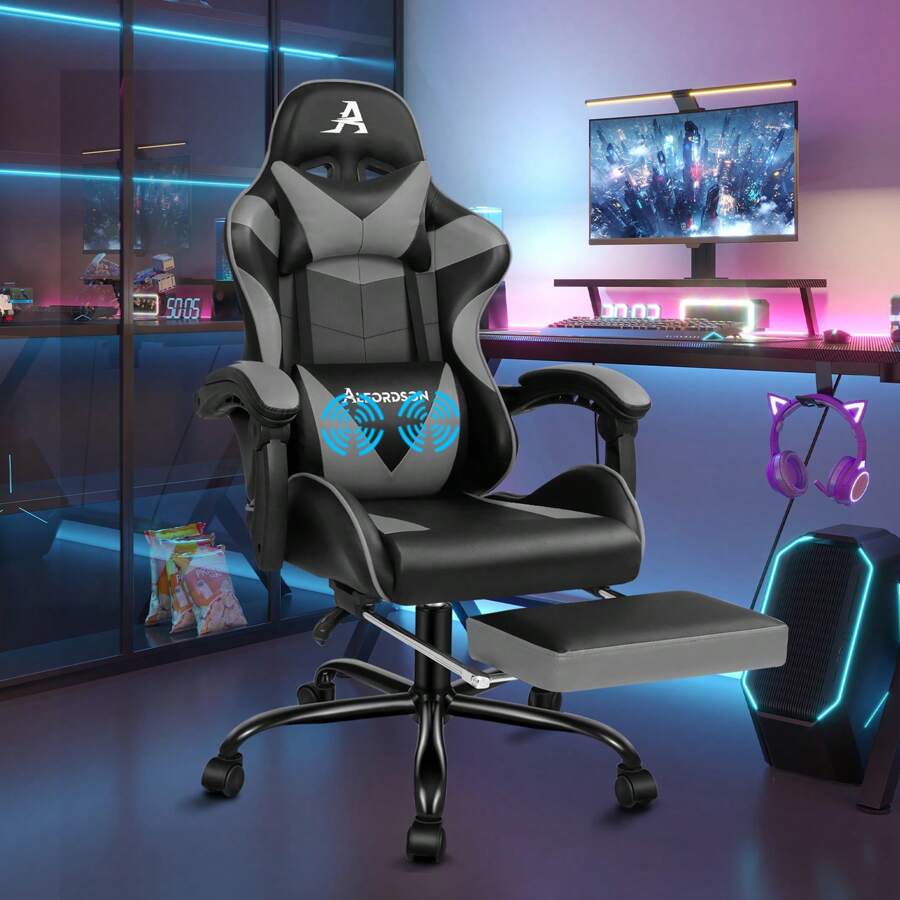ALFORDSON Video Game Chair, Ergonomic Office Chair, Massage Racing Chair, Retractable Footrest, PU Leather, Height Adjustable And Tilt, 180kg Load Capacity - Grey - View 1